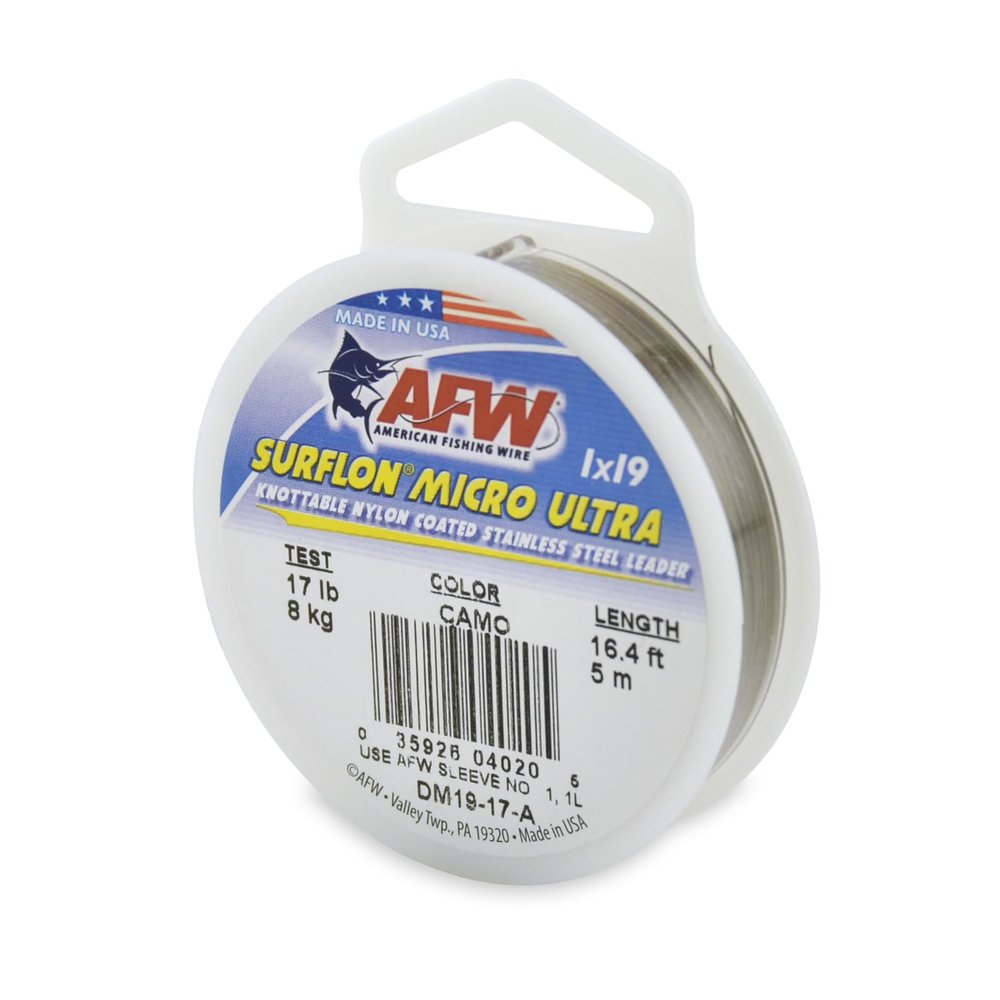 American Fishing Wire Surflon Micro Ultra, Nylon Coated 1x19 Stainless Steel Leader Wire, 17 lb Test, .015" Diameter, Camo, 5 m