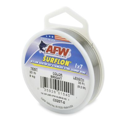 American Fishing Wire Surflon, Nylon Coated 1x7 Stainless Steel Leader Wire, 20 lb Test, .024" Diameter, Bright, 30 ft