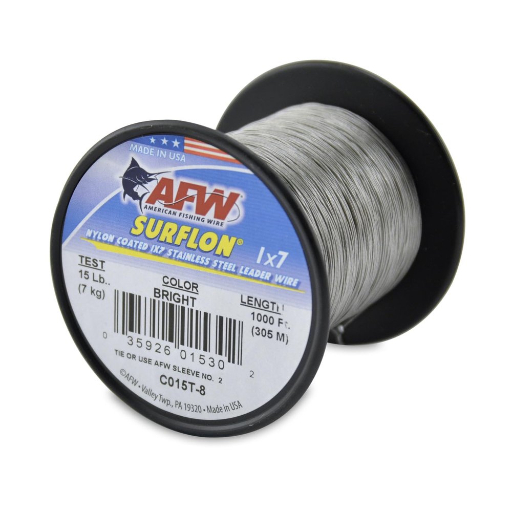 American Fishing Wire Surflon, Nylon Coated 1x7 Stainless Steel Leader Wire, 15 lb Test, .015" Diameter, Bright, 1000 ft