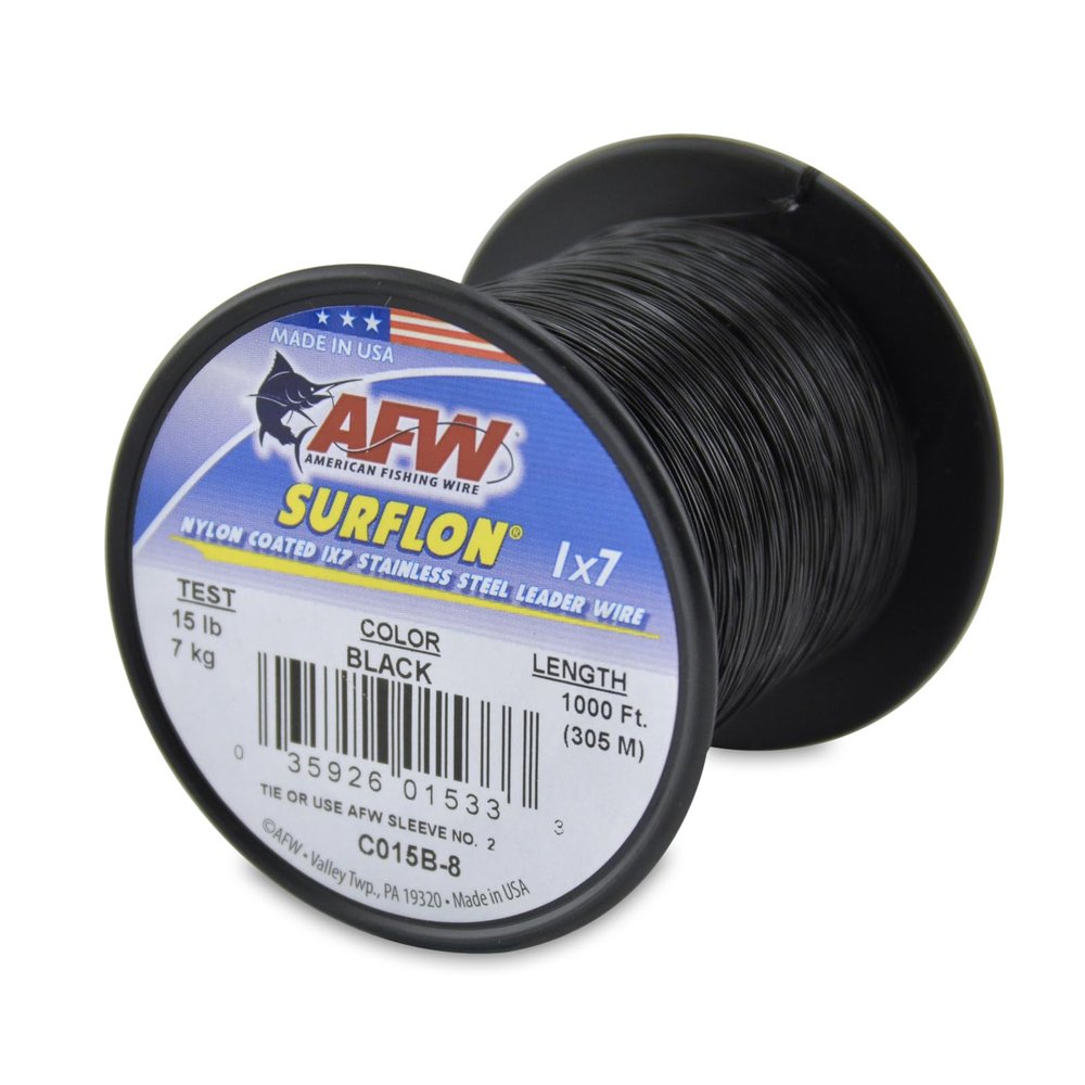 American Fishing Wire Surflon, Nylon Coated 1x7 Stainless Steel Leader Wire, 15 lb Test, .015" Diameter, Black, 1000 ft