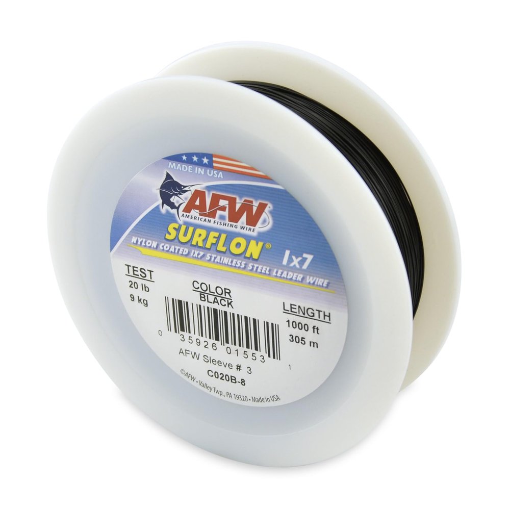 American Fishing Wire Surflon, Nylon Coated 1x7 Stainless Steel Leader Wire, 20 lb Test, .024" Diameter, Black, 1000 ft