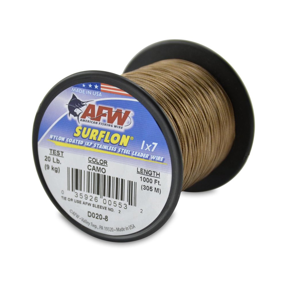 American Fishing Wire Surflon, Nylon Coated 1x7 Stainless Steel Leader Wire, 20 lb Test, .024" Diameter, Camo, 1000 ft