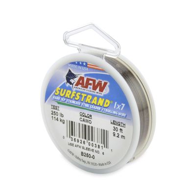 American Fishing Wire Surfstrand, Bare 1x7 Stainless Steel Leader Wire, 250 lb Test, 0.039" Diameter, Camo, 30 ft