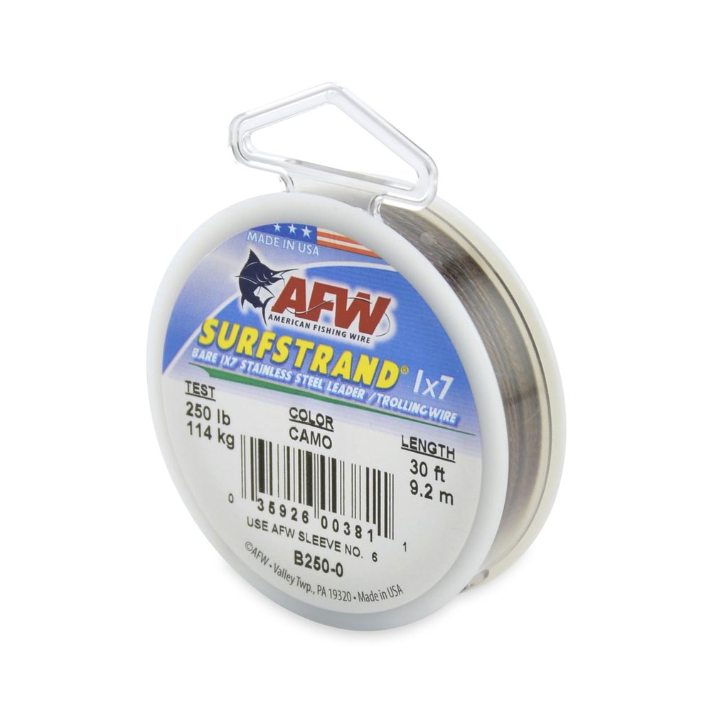 American Fishing Wire Surfstrand, Bare 1x7 Stainless Steel Leader Wire, 250 lb Test, 0.039" Diameter, Camo, 30 ft