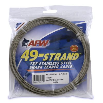 American Fishing Wire 49 Strand, 7x7 Stainless Steel Shark Leader Cable, 900 lb / 409 kg Test, .093 in / 2.36 mm Dia, Bright, 30 ft / 9.2 m