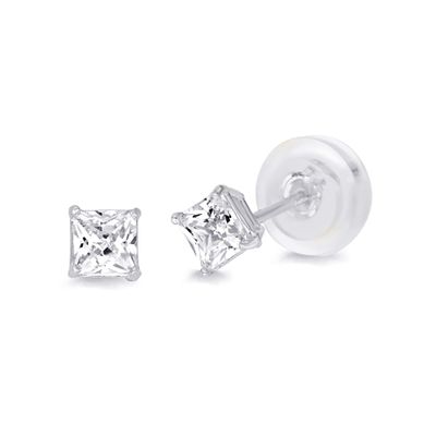 14k REAL White Gold 3mm Princess Square Solitaire Basket Set Stud Earrings with Silicone Backs