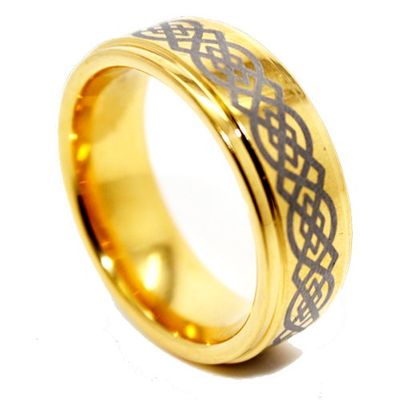 8mm Golden Colored Tungsten Wedding Ring with Celtic Knot Design Size (16.5)
