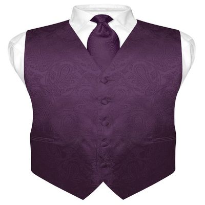 Vesuvio Napoli Men's Paisley Design Dress Vest & NeckTie DARK PURPLE Color Neck Tie Set sz S