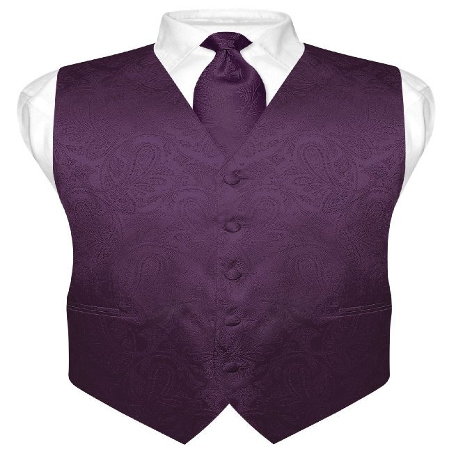 Vesuvio Napoli Men's Paisley Design Dress Vest & NeckTie DARK PURPLE Color Neck Tie Set sz S