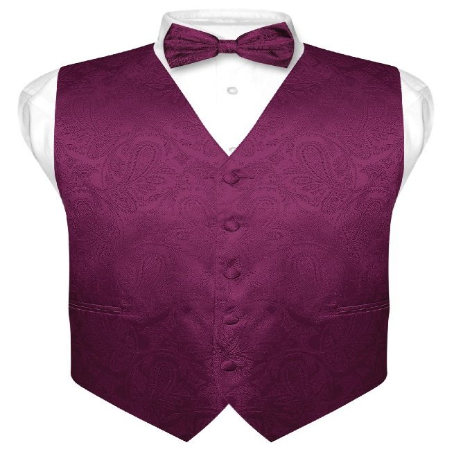 Vesuvio Napoli Men's Paisley Design Dress Vest & Bow Tie EGGPLANT PURPLE BOWTie Set sz 2XL