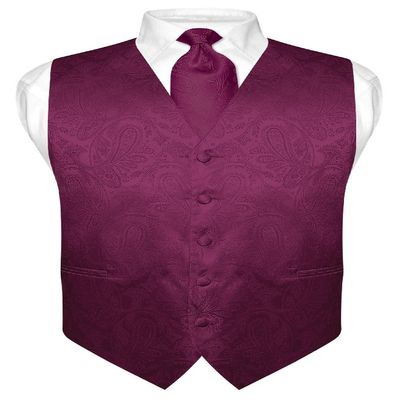 Vesuvio Napoli Men's Paisley Design Dress Vest & NeckTie EGGPLANT PURPLE Neck Tie Set sz L