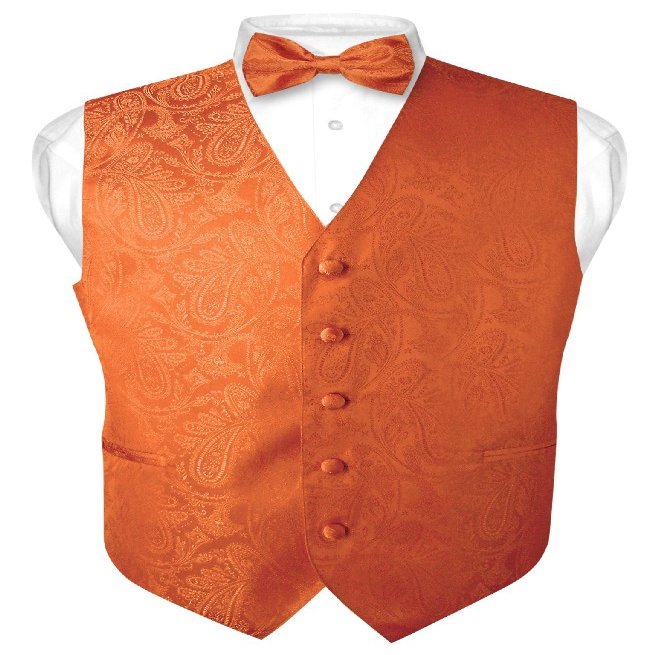 Vesuvio Napoli Men's Paisley Design Dress Vest & Bow Tie BURNT ORANGE Color BOWTie Set sz 3XL