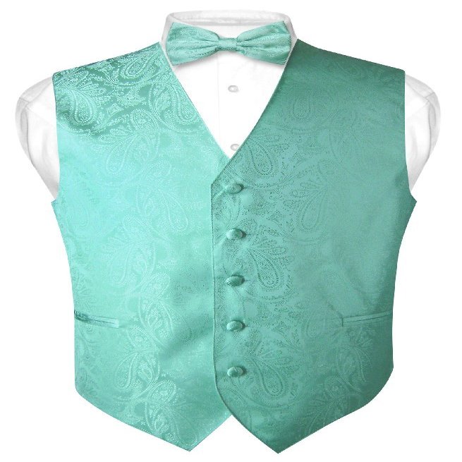 Vesuvio Napoli Men's Paisley Design Dress Vest & Bow Tie AQUA GREEN Color BOWTie Set sz 3XL