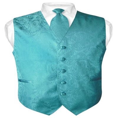 Vesuvio Napoli Men's Paisley Design Dress Vest & NeckTie TURQUOISE AQUA BLUE Neck Tie Set sz XS