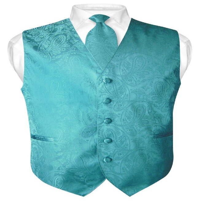 Vesuvio Napoli Men's Paisley Design Dress Vest & NeckTie TURQUOISE AQUA BLUE Neck Tie Set sz XS