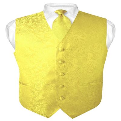 Vesuvio Napoli Men's Paisley Design Dress Vest & NeckTie YELLOW Color Neck Tie Set sz XL