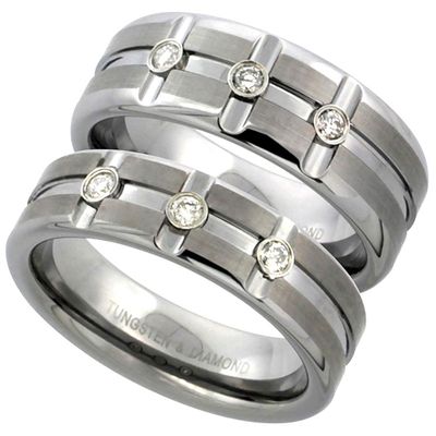 6mm & 8mm His and Hers Tungsten Diamond Wedding Ring Set 3 Stone Horizontal & Vertical Grooves Satin Finish Comfort fit size 7.5