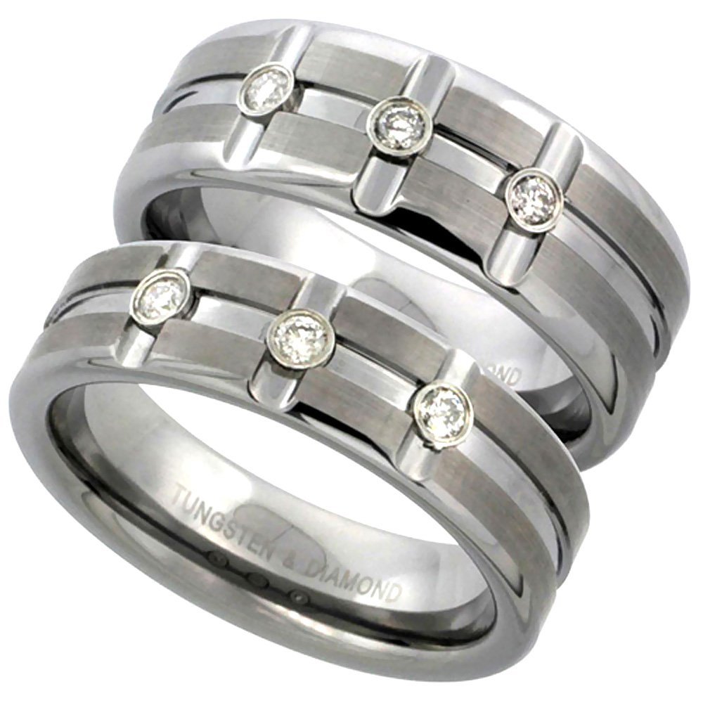 6mm & 8mm His and Hers Tungsten Diamond Wedding Ring Set 3 Stone Horizontal & Vertical Grooves Satin Finish Comfort fit size 8