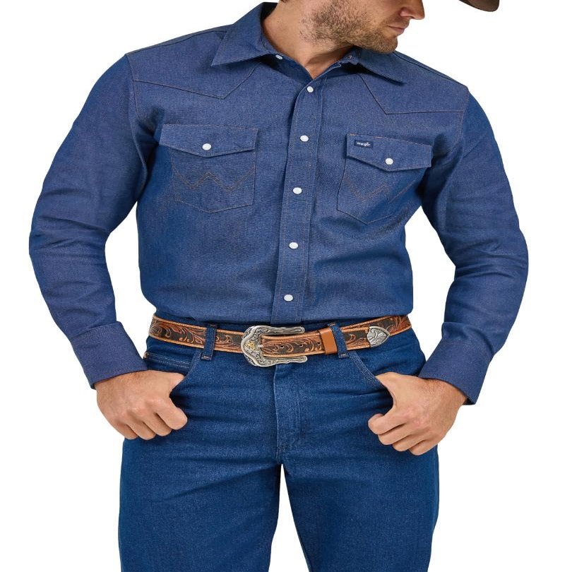 Wrangler Men's Cowboy Cut Western Long Sleeve Snap Work Shirt Firm Finish, Indigo Denim, 16.5-36