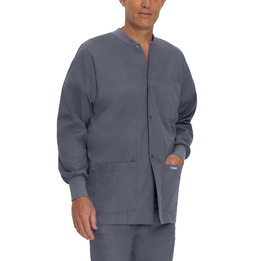 Landau Essentials Relaxed Fit 5-Pocket Snap-Front Scrub Jacket for Men 7551 Steel Grey