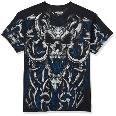 Liquid Blue unisex adult Blue Flame Skull T-shirt T Shirt, Black, X-Large US