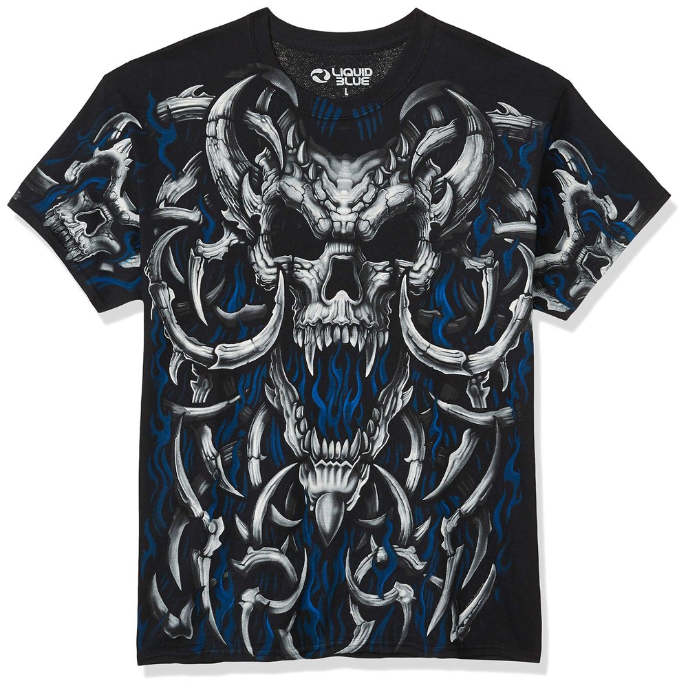 Liquid Blue unisex adult Blue Flame Skull T-shirt T Shirt, Black, X-Large US