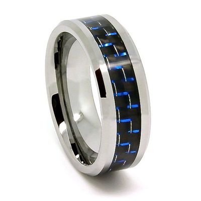 8mm Tungsten Carbide Black and Blue Carbon Fiber Men's Wedding Band Size (6)