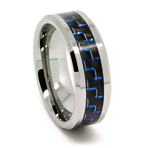 8mm Tungsten Carbide Black and Blue Carbon Fiber Men's Wedding Band Size (15)