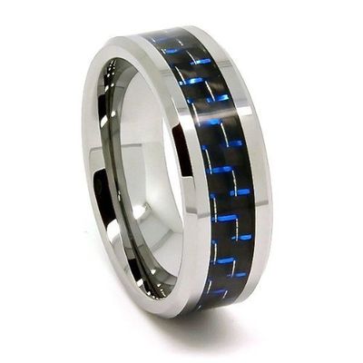8mm Tungsten Carbide Black and Blue Carbon Fiber Men's Wedding Band Size (15.5)
