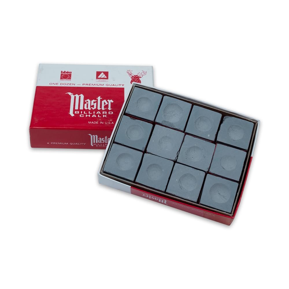 Master Billiard Pool Chalk, Pack of 12 Cubes, Grey, with Protective Box - Professional Billiards Chalk for Smooth, Even Coating on Cue Tip - Pool Table Accessories Gifts for Men (18-336)