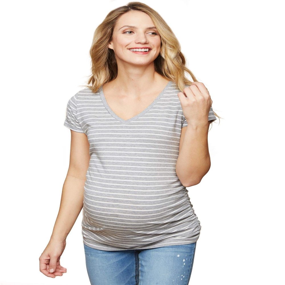 Motherhood Maternity Women's Maternity Short Sleeve V-Neck Side Ruched Tee Shirt Shirt, Heather Grey/White Stripe, Extra Small