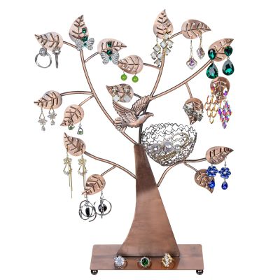 MyGift 14-Inch Modern Bronze Jewelry Organizer Tree with Bird Nest Holds 48 Earrings, Necklace & Bracelet Stand, Metal Tabletop Display for Rings, Trinkets Decorative Storage for Home Dcor