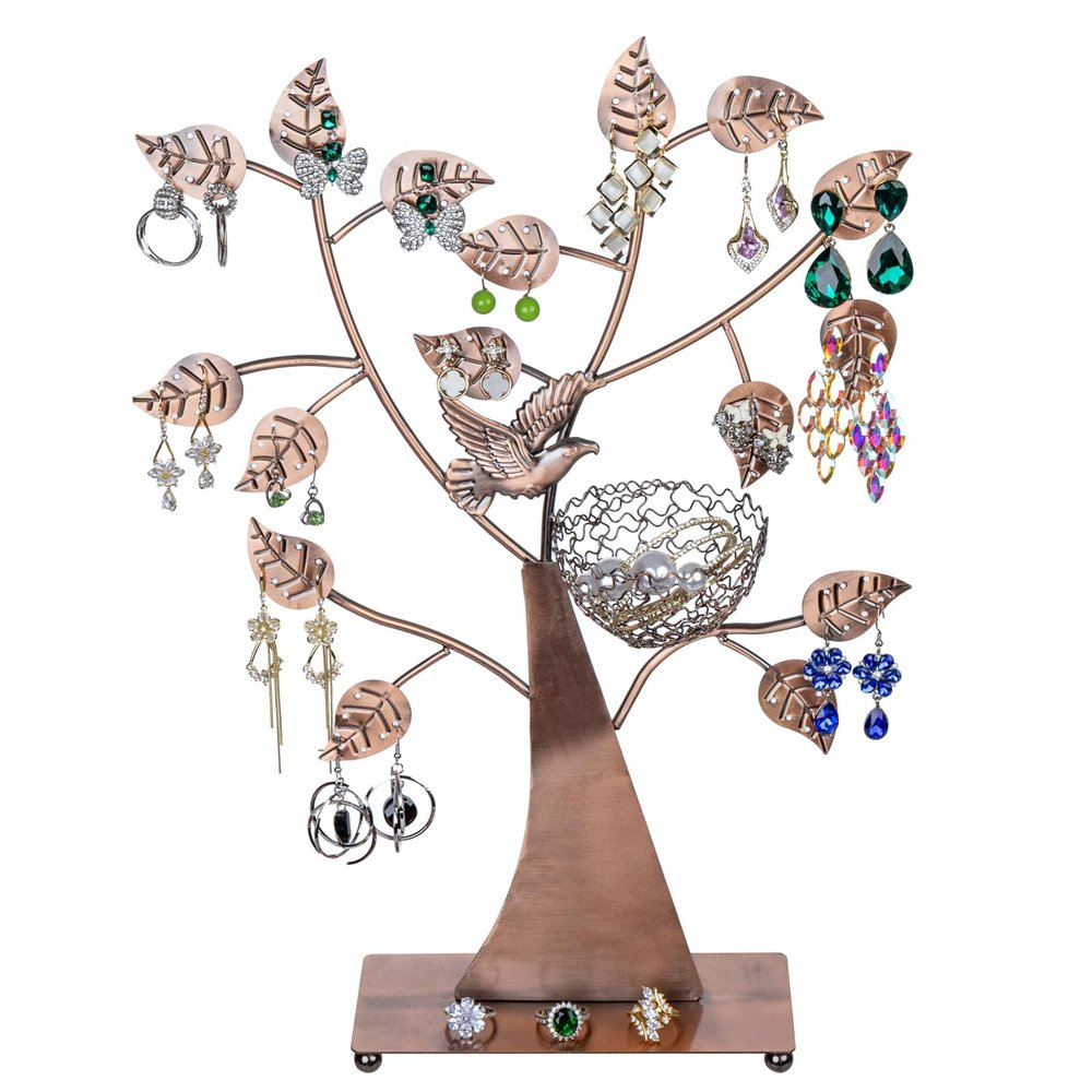MyGift 14-Inch Modern Bronze Jewelry Organizer Tree with Bird Nest Holds 48 Earrings, Necklace & Bracelet Stand, Metal Tabletop Display for Rings, Trinkets Decorative Storage for Home Dcor