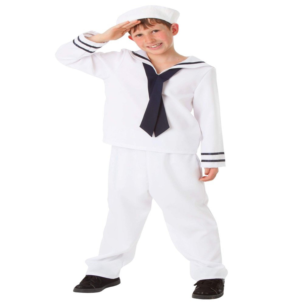 Fun Costumes Kid's Sailor Costume, Halloween Uniform Shirt, Pants, Neck Tie, and Hat, Large, White