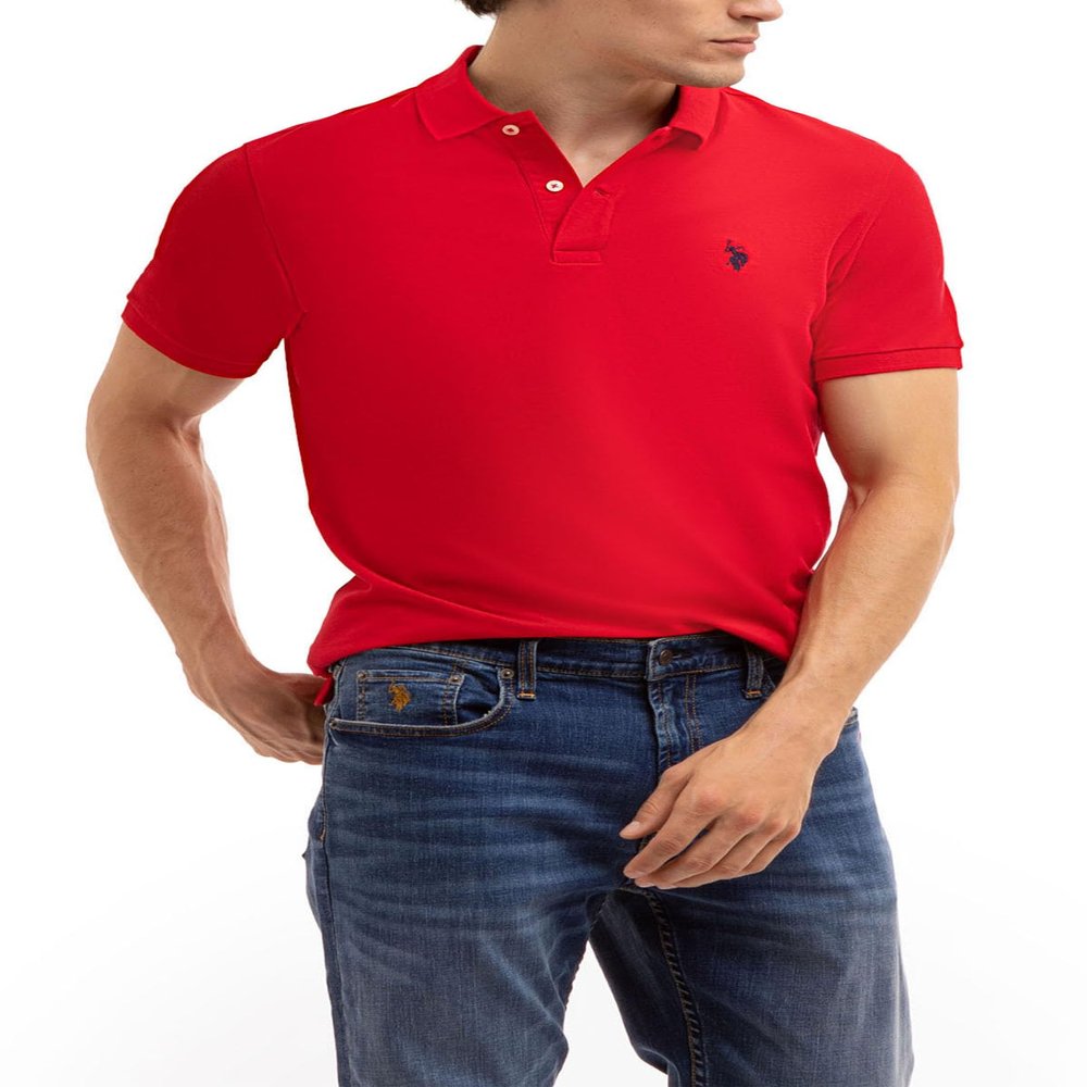 U.S. Polo Assn. Men's Classic Polo Shirt, Two-Button Closure Pique Polo Shirt, Summer Fashion Golf Shirt, Engine Red, Large