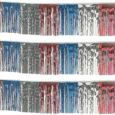 Fun Express Red White and Blue Foil Fringe Banner (100 Feet, 10-Pack) Metallic Tinsel Garland Streamers, Patriotic 4th of July Decorations, Independence Day Parade Float, Memorial Day Party Supplies