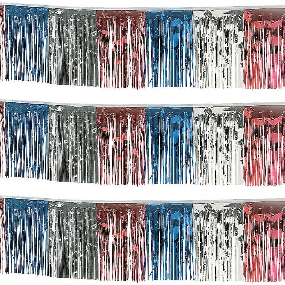Fun Express Red White and Blue Foil Fringe Banner (100 Feet, 10-Pack) Metallic Tinsel Garland Streamers, Patriotic 4th of July Decorations, Independence Day Parade Float, Memorial Day Party Supplies
