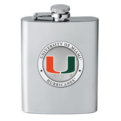 Heritage Pewter Miami Hurricanes Flask | 8 Ounce Liquor Flask Container - Stainless Steel | Intricately Crafted Metal Pewter Alma Mater Inlay