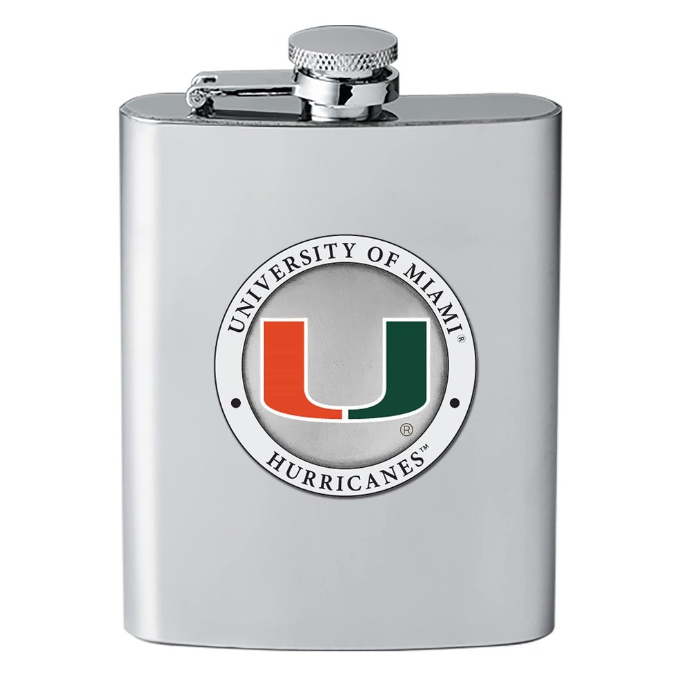 Heritage Pewter Miami Hurricanes Flask | 8 Ounce Liquor Flask Container - Stainless Steel | Intricately Crafted Metal Pewter Alma Mater Inlay