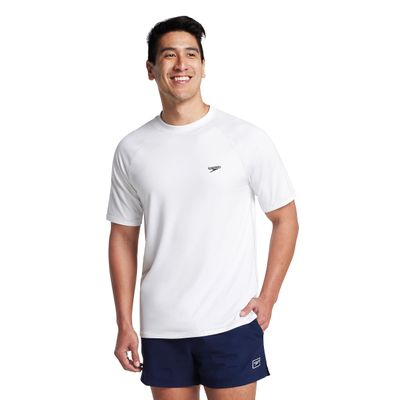 Speedo Men's Uv Swim Shirt Short Sleeve Loose Fit Easy Tee, White, Uv Swim Shirt Short Sleeve Loose Fit Easy Tee
