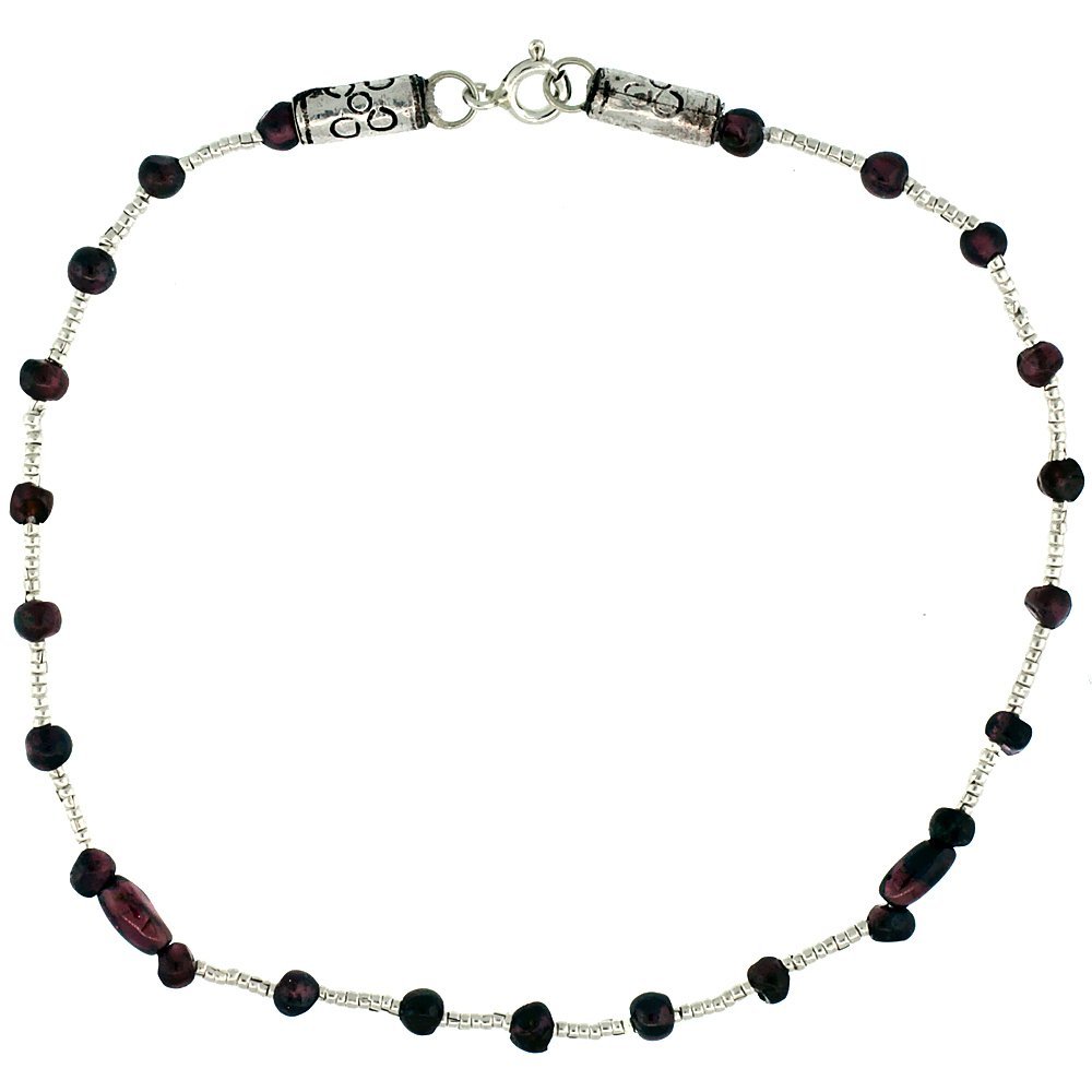 9 in. Sterling Silver Garnet Bead Anklet