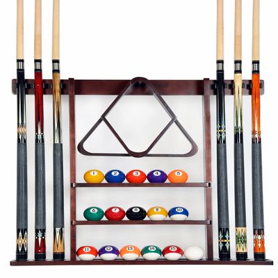 Iszy Billiards Pool Cue Rack - Billiard Pool Stick and Ball Holder Only - 100% Wood Wall Mount Holds 6 Cues and 16 Balls - Pool Table Accessories, Mahogany