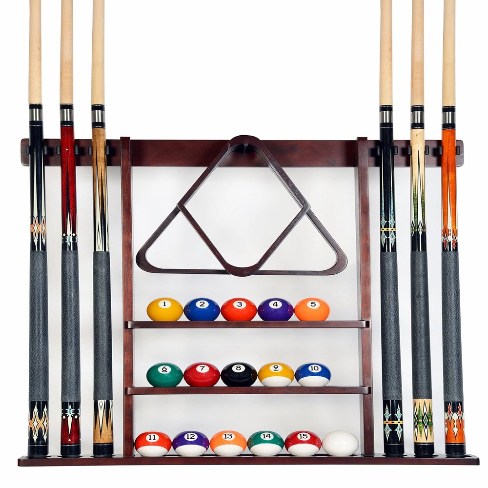 Iszy Billiards Pool Cue Rack - Billiard Pool Stick and Ball Holder Only - 100% Wood Wall Mount Holds 6 Cues and 16 Balls - Pool Table Accessories, Mahogany