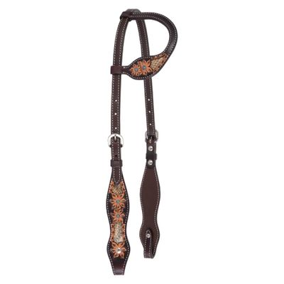 Circle Y Python Pass One Ear Headstall - Equestrian Vintage Leather Hand-Tooled Floral Design Turquoise Accents Horse Single Ear Headstall