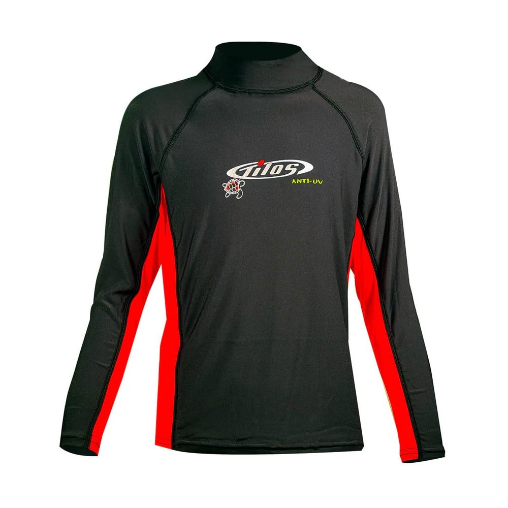 Tilos Kids Long Sleeve UV Protection Rash Guard for Surfing, Snorkeling, Swimming, Black/red, 8