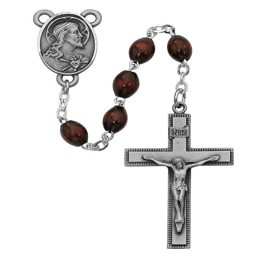 4X6MM Brown Wood Rosary Necklace Catholic Christian Religious Cross Crucifix