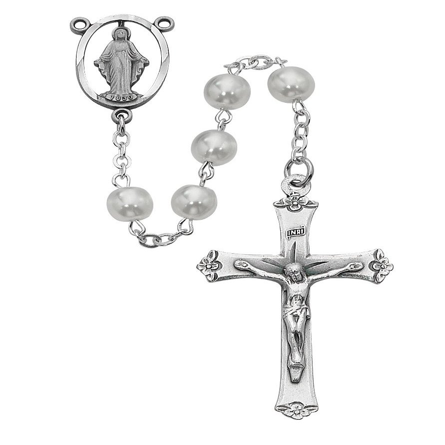 7MM White Pearl Rosary Crucifix Necklace Catholic Christian Religious Cross