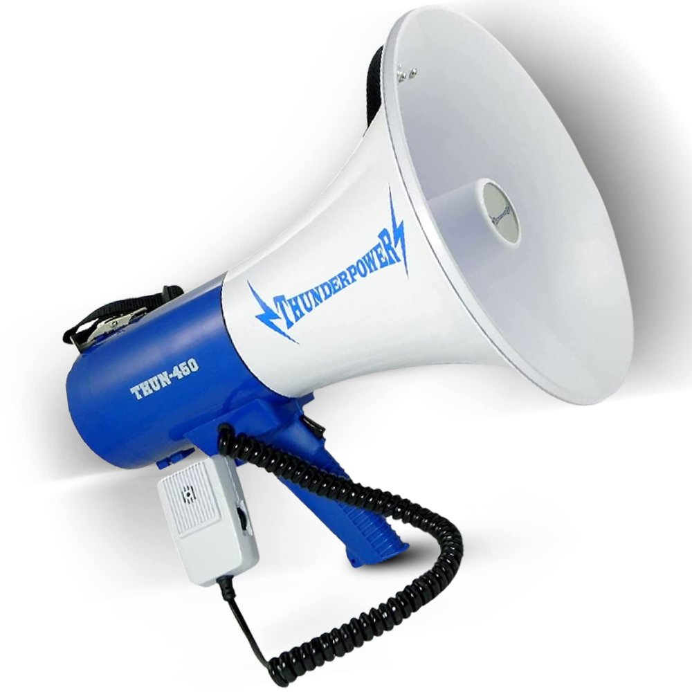 ThunderPower THUN450 Extra-Loud Megaphone Speaker  35W Voice Amplifier for 1,400-Yard Range  Bullhorn Megaphone with Voice, Siren & Whistle Mode  Bull Horn Loud Speaker with Mic & Shoulder Strap