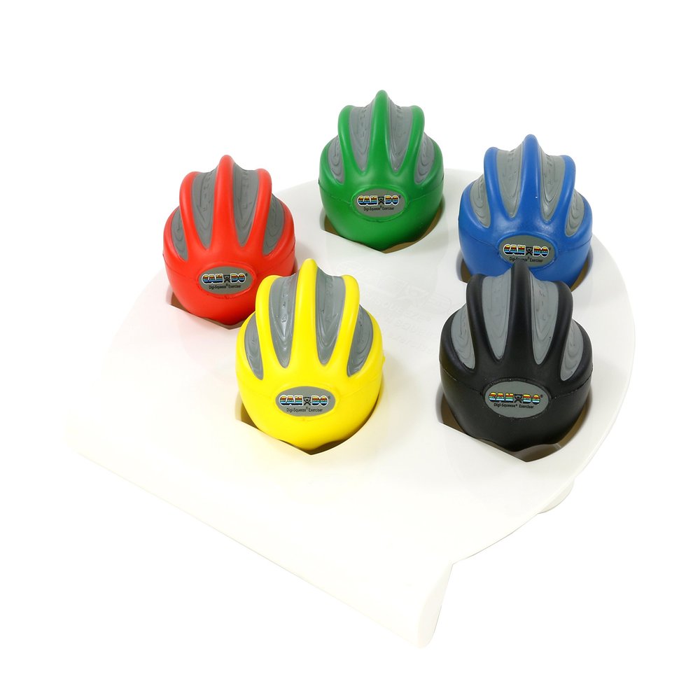 CanDo Digi-Squeeze Hand Exerciser, Medium, Set of 5 Pieces (Yellow, Red, Green, Blue, Black), with Rack