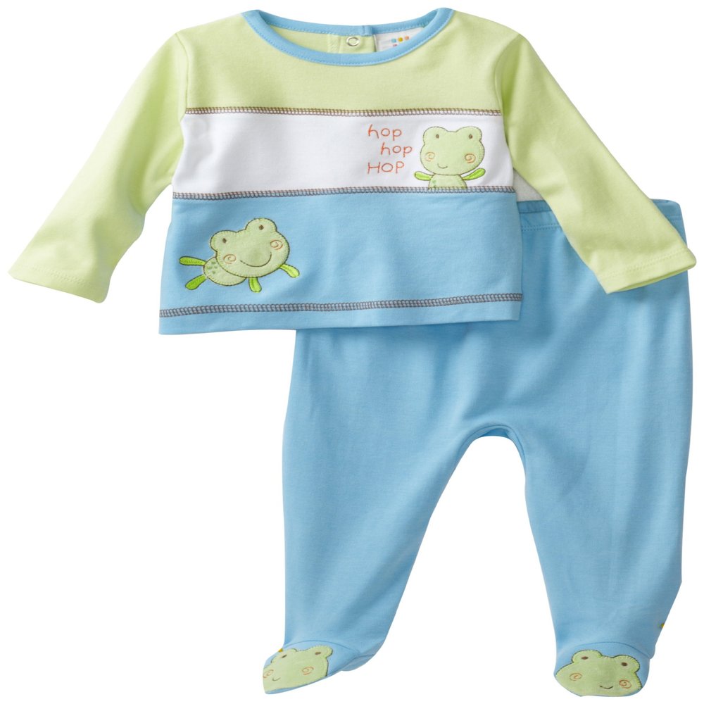 Absorba Baby-Boys Newborn Color Blocked Froggy Two Piece Footed Pant Set, Green/Blue, 6/9